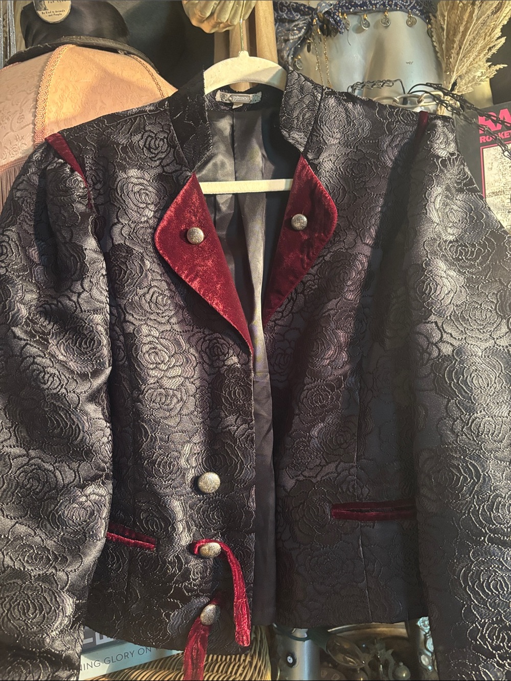 Black Rose-Jacquard Velvet Trim Blazer